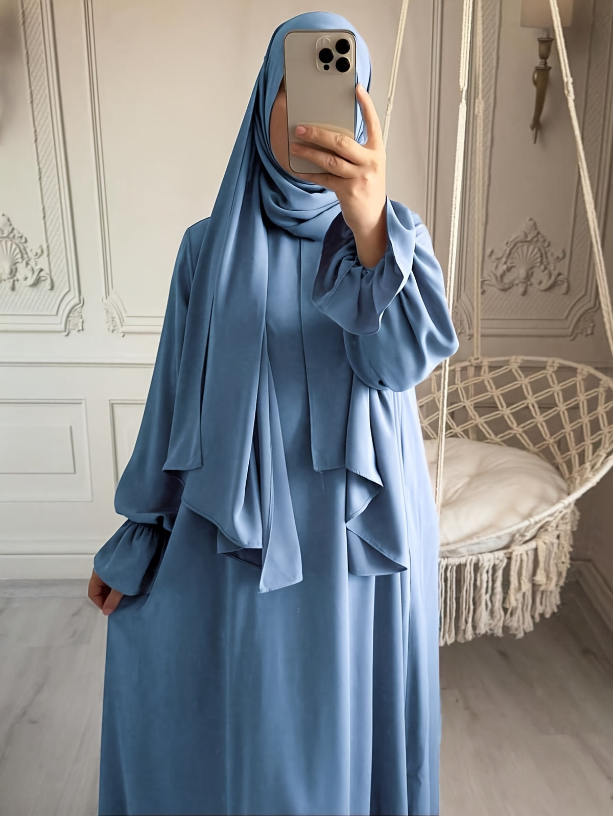 1pc Fashionable, Elegant And Casual One-Piece Solid-Colored Bellows Sleeve Suitable for Daily Wear. Loose And Comfortable Women'S Abaya Robe - Sky Blue
