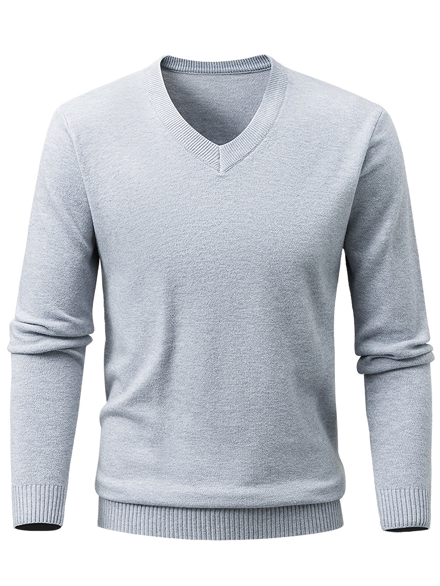 Autumn/Winter New V-Neck Solid Color Pullover Casual Versatile Knit Top for Men - Light Grey