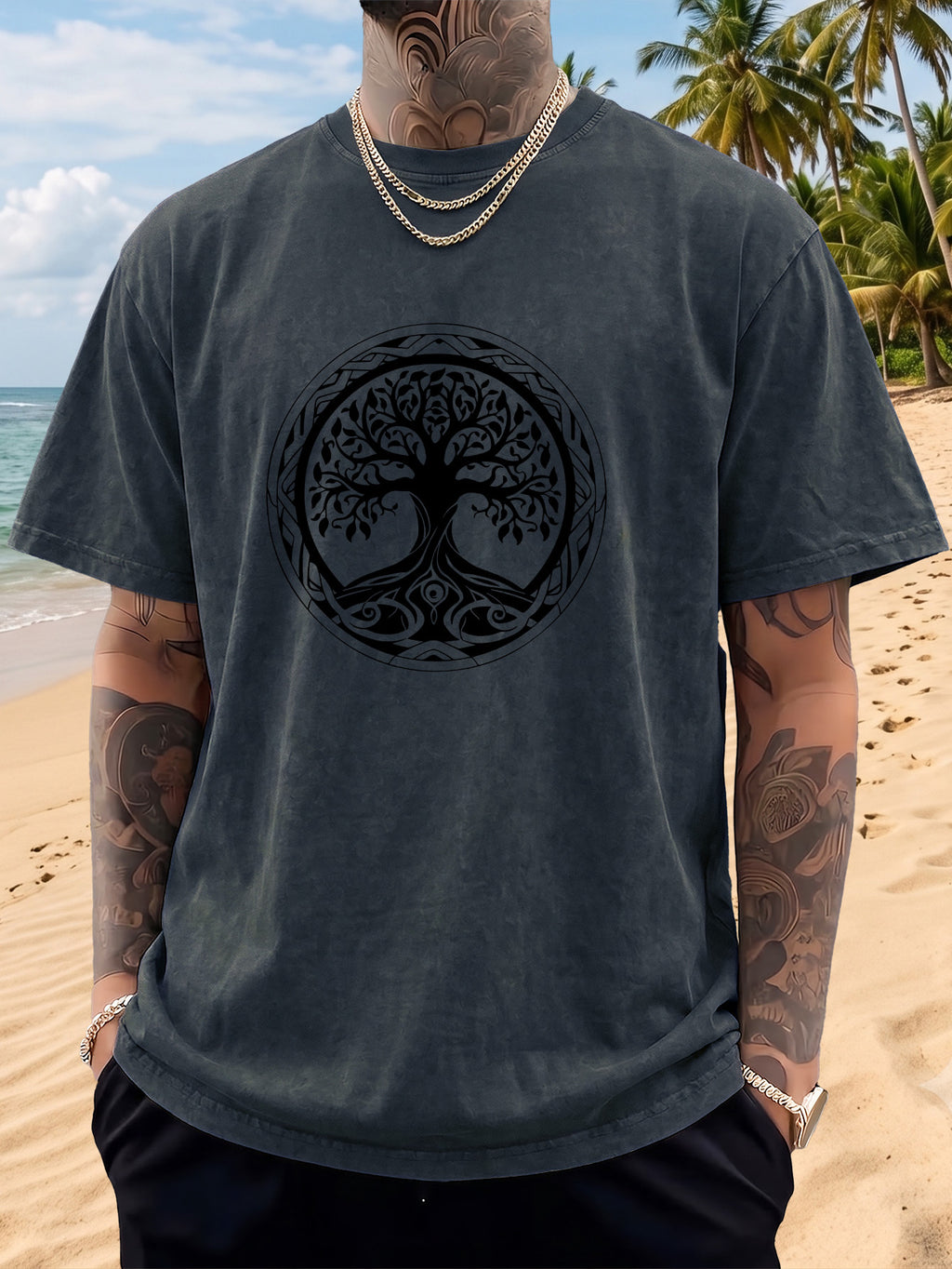 Short Sleeve T-Shirt Men'S Loose Washed Distressed Tree of Life Round Totem Trendy Double-Sided Print 12 Colors Random Match American Street High Street Hip-Hop Top Casual Outing Commuting Sports Fitness Couple Style Statement Y2K National Trend Sho - Navy Color