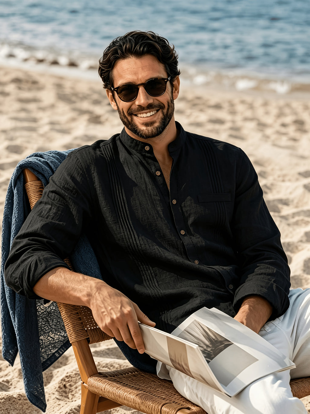 Men's Lightweight Breathable Linen Shirt with Stand-Up Collar & Roll-Up Sleeves - Retro Button-Front Suitable for Beach Vacation, Commuting, Casual Wear, Symmetrical Pleats, Single Pocket, Machine Washable Summer Top (Gift Selection) - Black