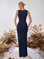Straight Neck Side Slit Slim Fit Prom Party Cocktail Reception Formal Ladies Dinner Dress - Navy blue color