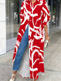 Plus Size, Fashionable Plus-Size Women's Elegant Striped Print Shirt Dress - Red