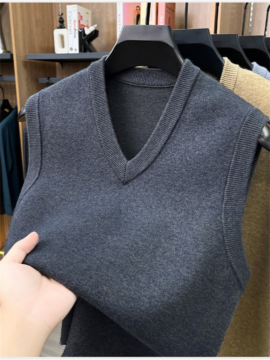 Autumn/Winter Knitted Solid Color V-Neck Sweater, Basic Knit Pullover, Men's Fashion Knit Vest ZYR - Deep Gray