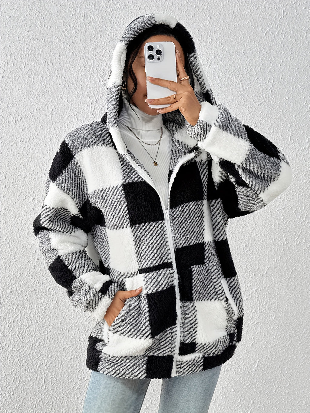 Women's Black and White Plaid Hooded Casual Jacket - Black And White Color
