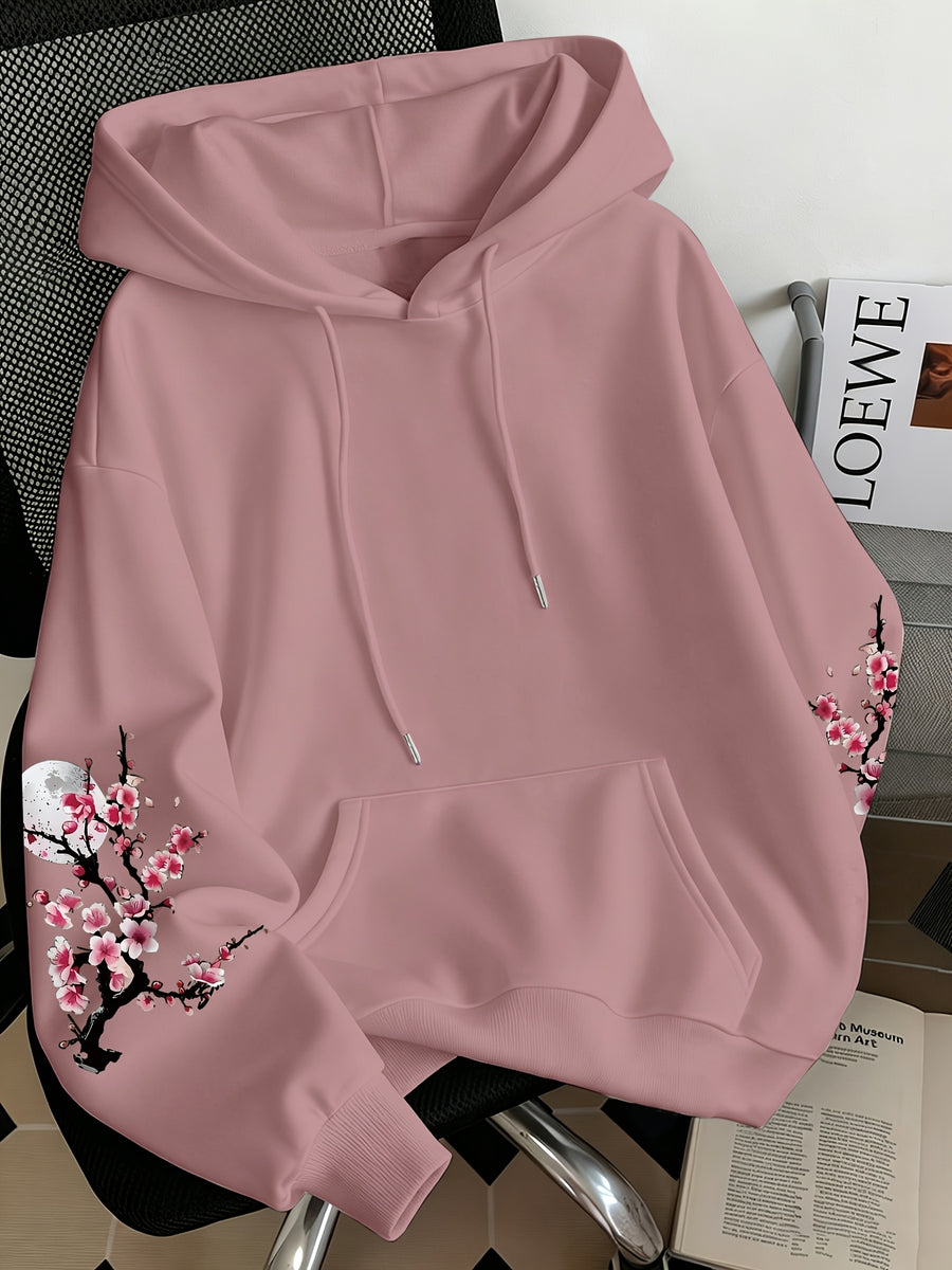 Women'S Fashion Cherry Blossom And Letter Print Casual Hooded Sweatshirt - Dark Pink