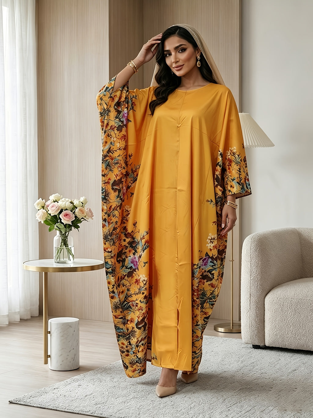 1pc Floral Print Crew Neck Abaya, Elegant Batwing Sleeve Split Maxi Dress, Women'S Clothing Maxi Abaya Dress Modest Prayer Dress for Muslim Women | Batwing Sleeves And Elegant Swing Hem for Everyday Outings And Travel Outfits - Yellow