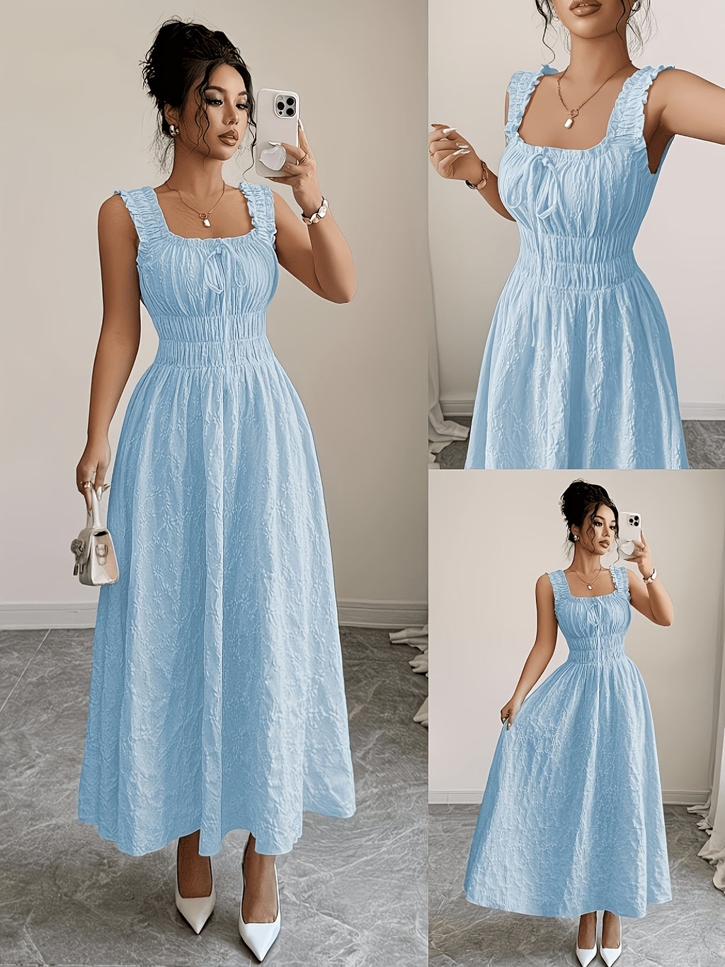 Women'S Spring Summer Solid Color Jacquard Fabric Elegant Long Dress, Made of Floral Textured Fabric, Featuring Thin Straps, Bow Design And Ruched Waist, Presenting a Fashionable, Versatile, Elegant And Exquisite Look - Sky Blue