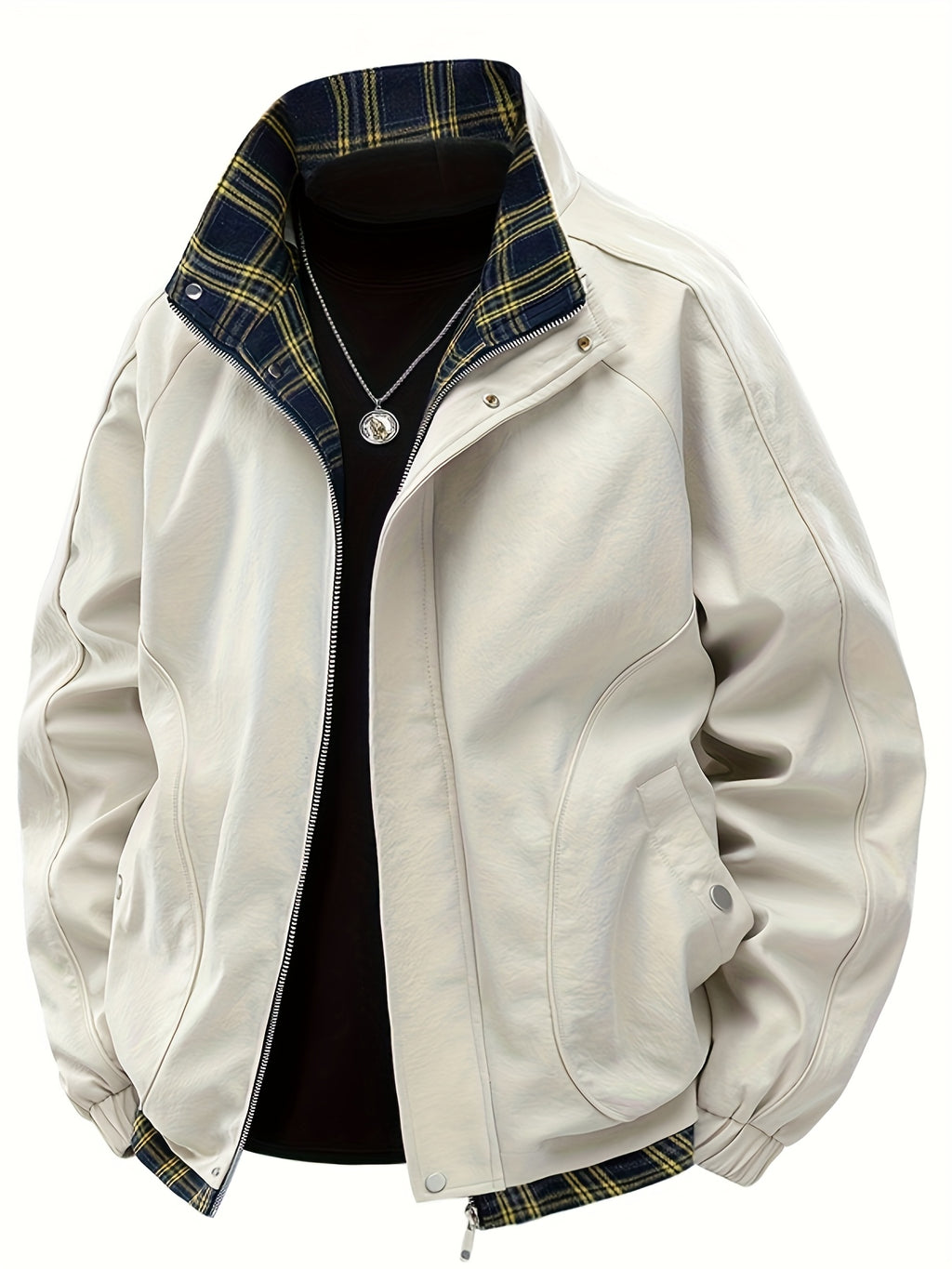 Spring New Men'S Loose Trendy Brand Jacket American Street Thin Lapel Solid Color Woven Plaid Tie-Dye Fake Two-Piece Jacket Coat - Pearl White