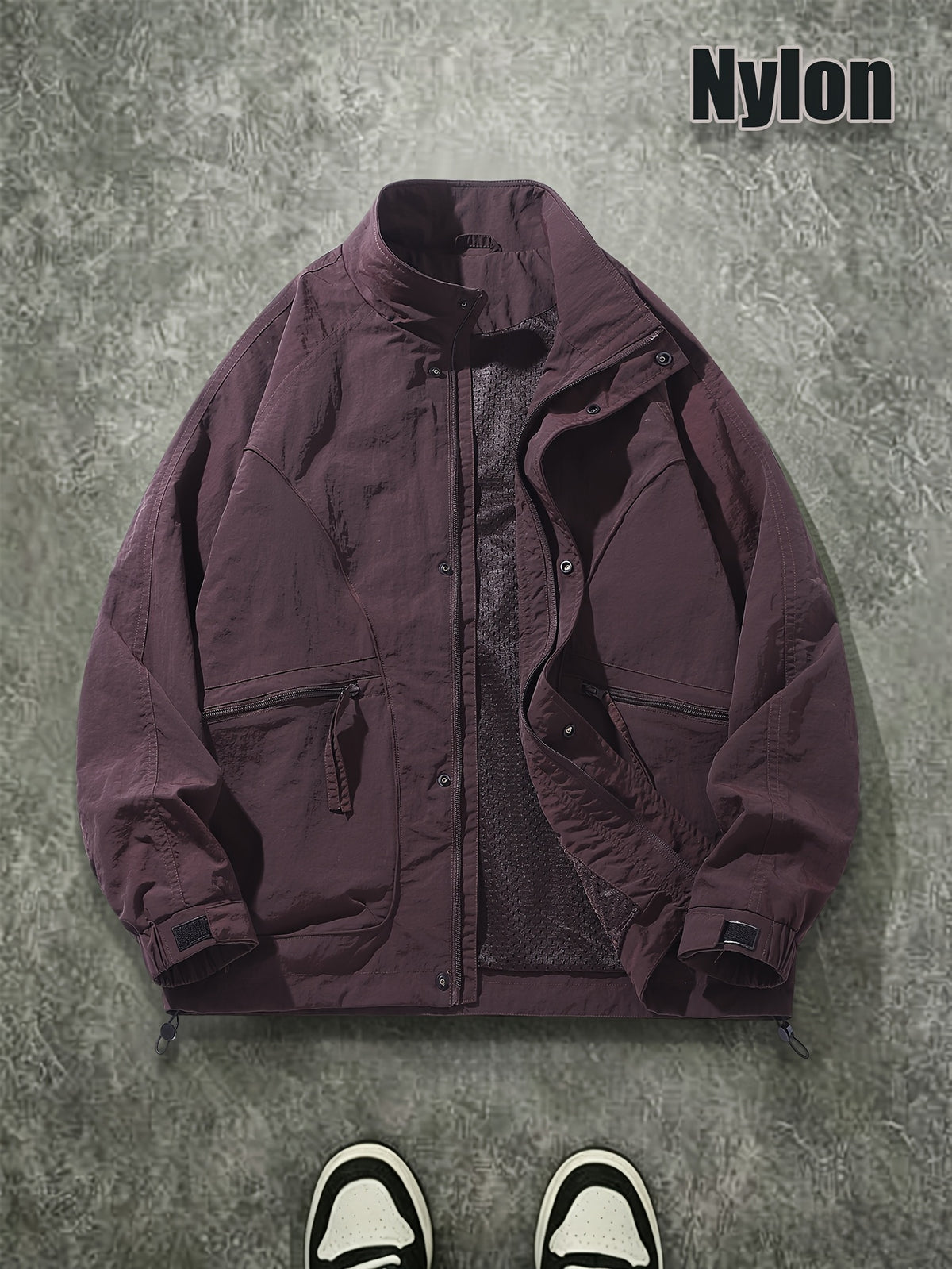 Men's Spring/Autumn American-Style Nylon Solid Color Stand Collar Jacket, Breathable Lightweight Windproof Functional Workwear Outerwear, Loose Fit Streetwear Casual Windbreaker - Deep Purple