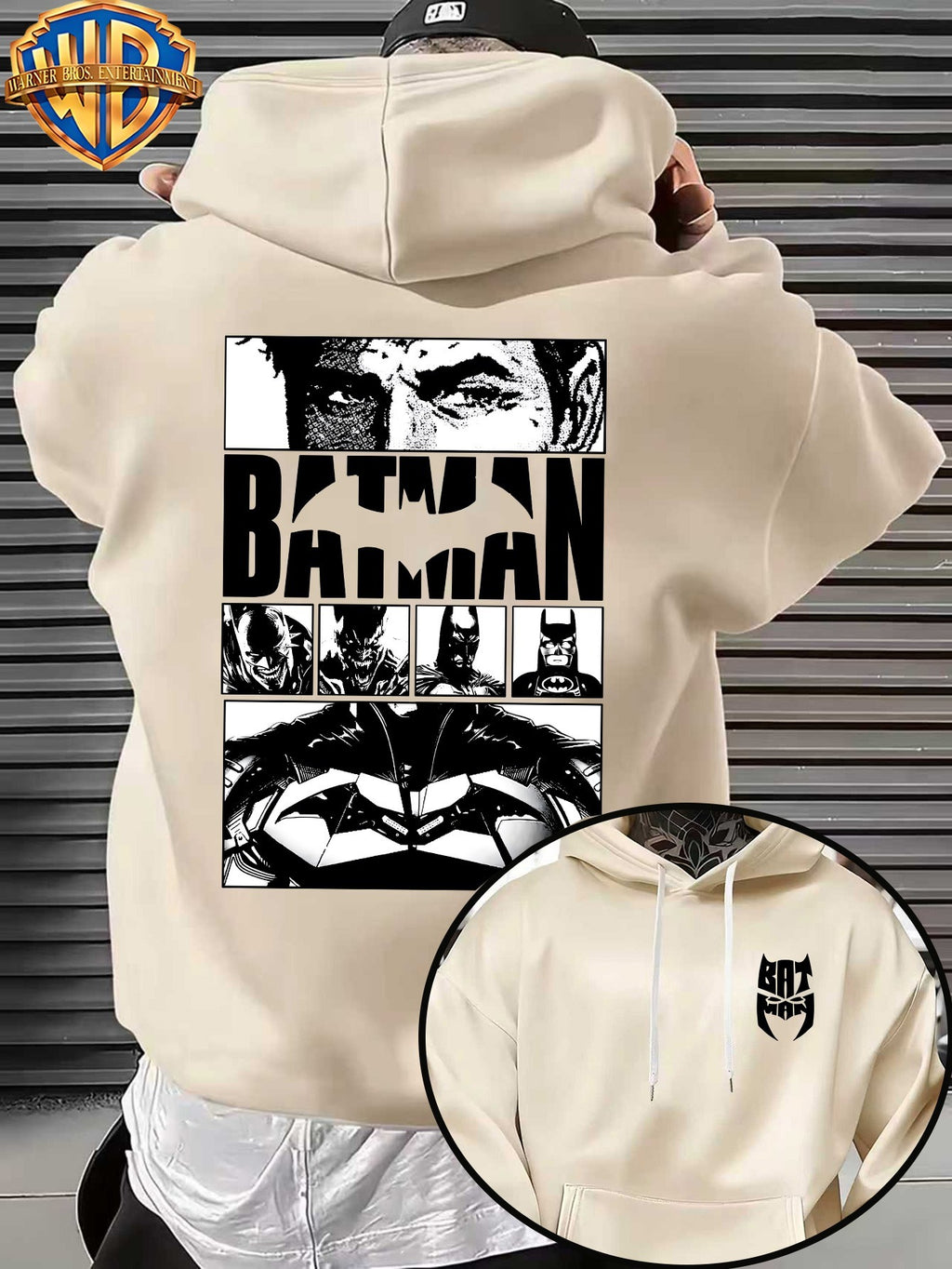 Casual Sporty Loose Hooded Sweatshirt, Retro Batman Comic Patchwork Cartoon Print, Men'S Casual All-Match Adjustable Drawstring Hoodie Comfortable Casual Autumn Winter Wear, for Sports, Outdoors, Picnics, Travel, Daily Home Wear - Apricot