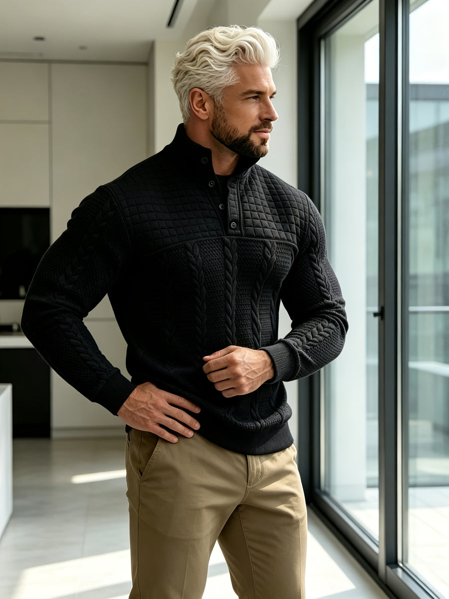 Joshmei OBM Halloween Men's Old Money Style Stand Collar Henley Shirt, Twisted Cable Knit Patchwork Checkered Long Sleeve Top, Comfortable and Warm Pullover, Suitable for Beach Vacations and Daily Wear, Men's Birthday Gift - Black