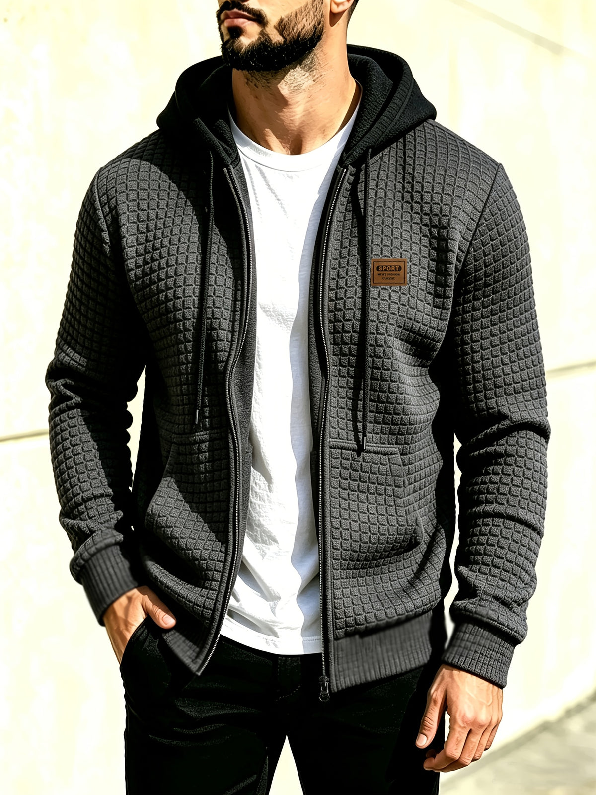 Men'S Hooded Knit Cardigan, Small Checkered Jacquard Zipper Hoodie, Knit Hooded Sweater, Comfortable And Warm, Essential for Autumn And Winter Outdoors, Suitable for Outings And Daily Home Wear - Dark Gray