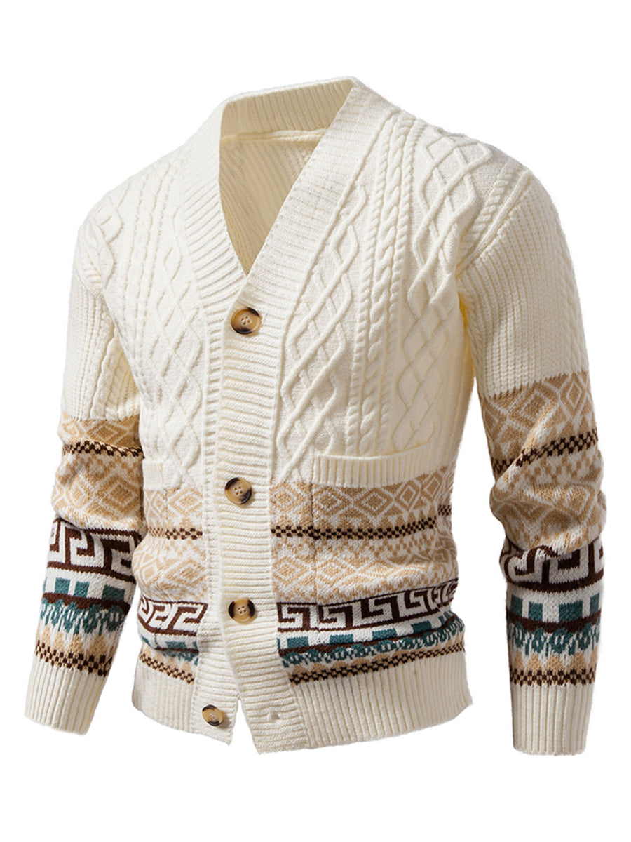 Winter New Striped Geometric Pattern Button Thickened Long Sleeve Sweater Men'S Warm Knit Cardigan X - Off-white