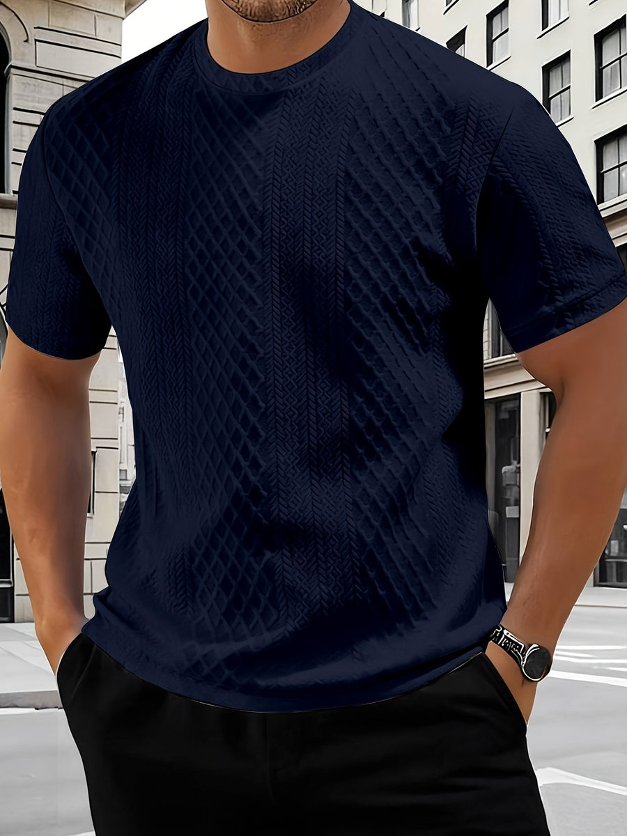 Men'S Round Neck Textured Fabric Short Sleeve T-Shirt, Suitable for Summer Casual Sports - Navy Color