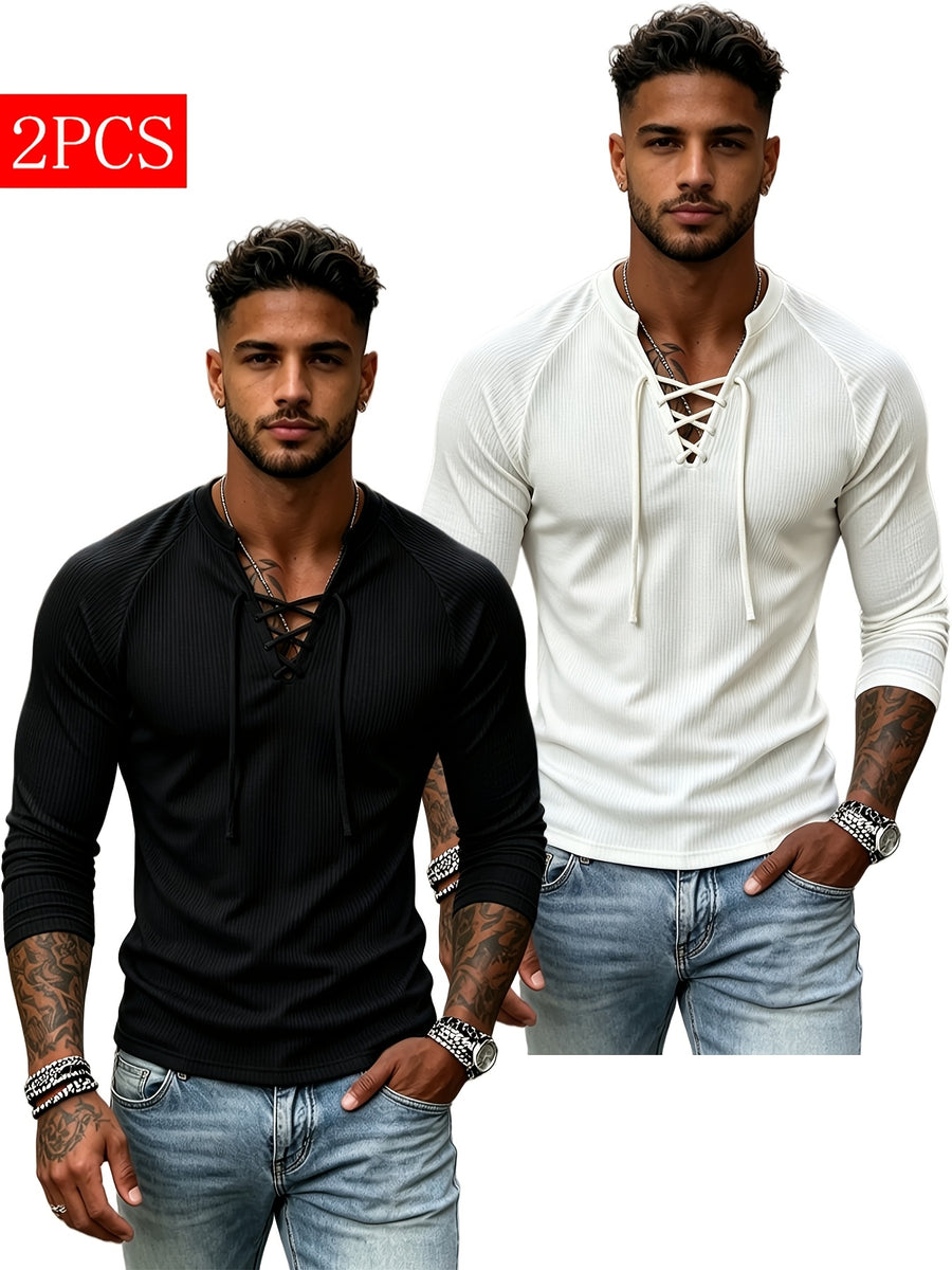 Men'S 2pcs Cross-Lace V-Neck Henley Shirt Long Sleeve T-Shirt Interlock Ribbed Elastic Skin-Friendly Breathable Fabric Off-Shoulder Slim Fit Slimming Top - Black+Light White