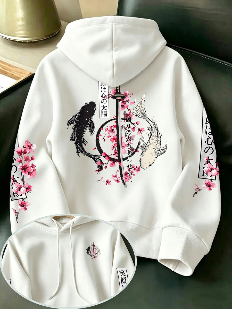 Men's New Fashion Hooded Sweatshirt, Cherry Blossom Samurai Sword Yin Yang Koi Japanese Washoku Style Print with Multi-Pattern Design, Large Pocket Hoodie with Adjustable Drawstrings, Comfortable and Versatile Pullover Hoodie with Kangaroo Pocket - White