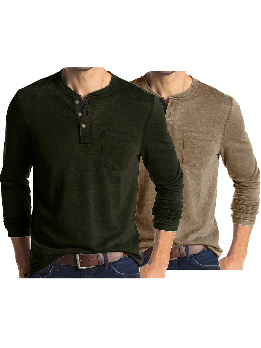 Joshmei OBM Men's Long Sleeve Crew Neck Henley Shirt Two-pc - Green Khaki