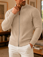 Du Jing Lan OBM Autumn/Winter New Men's Knit Cardigan, Thickened Warm Old Money Style Textured Ribbed Solid Color Double Zipper Open Front Long Sleeve Knit Sweater, Men's Business Casual Daily Basic Knit Base Layer Top, Suitable for Spring and Autumn - Off-white