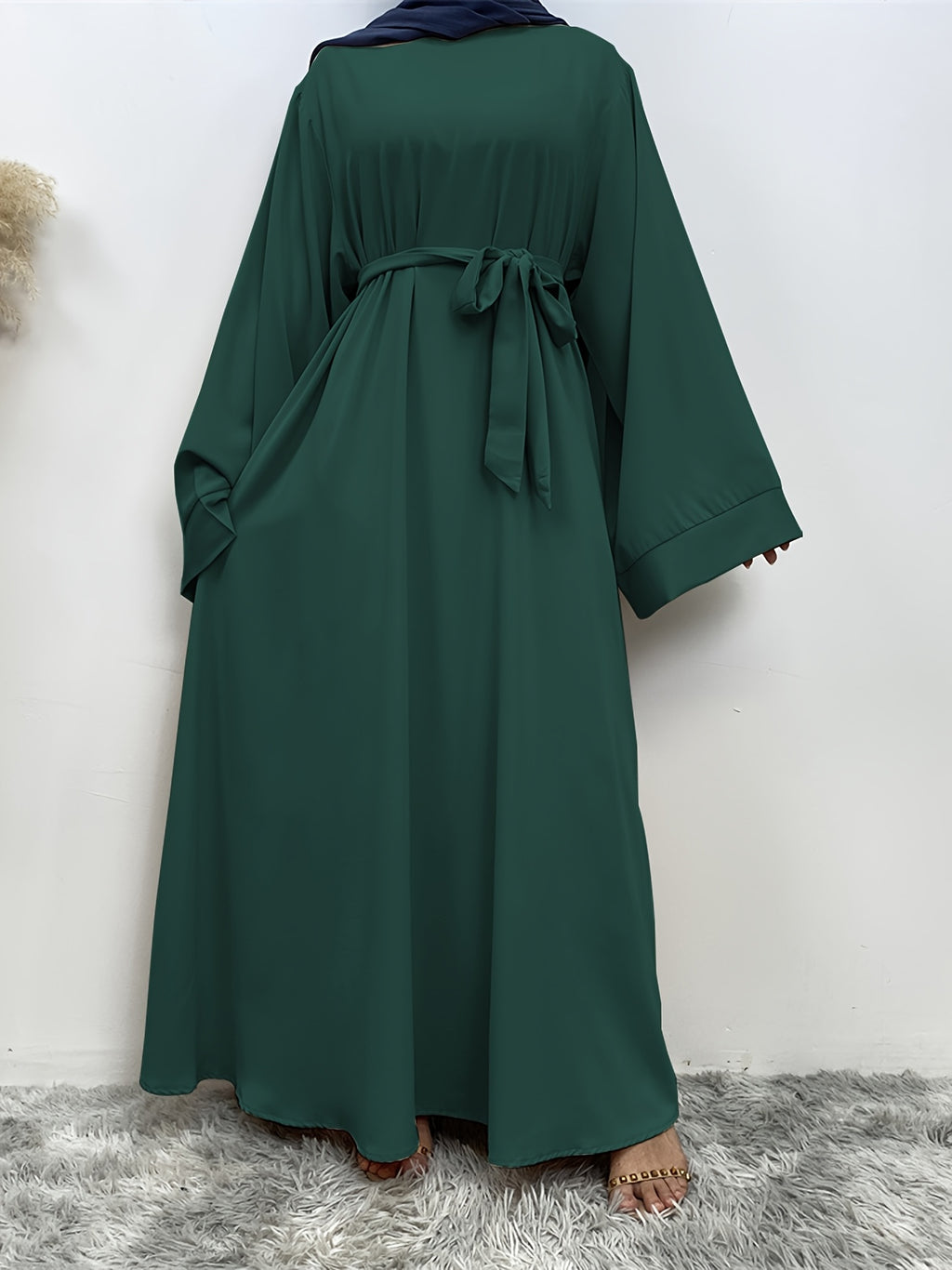 1pc Fashionable, Elegant, Comfortable, and Casual Wide-sleeved Abaya with Belt. Solid Color Suitable for Daily Wear. Loose and Comfortable Women's Abaya Dress. Ferace Tesettür Clothing, Women's Abayas for Muslim Women, Islamic Wear for Women - Dark Green
