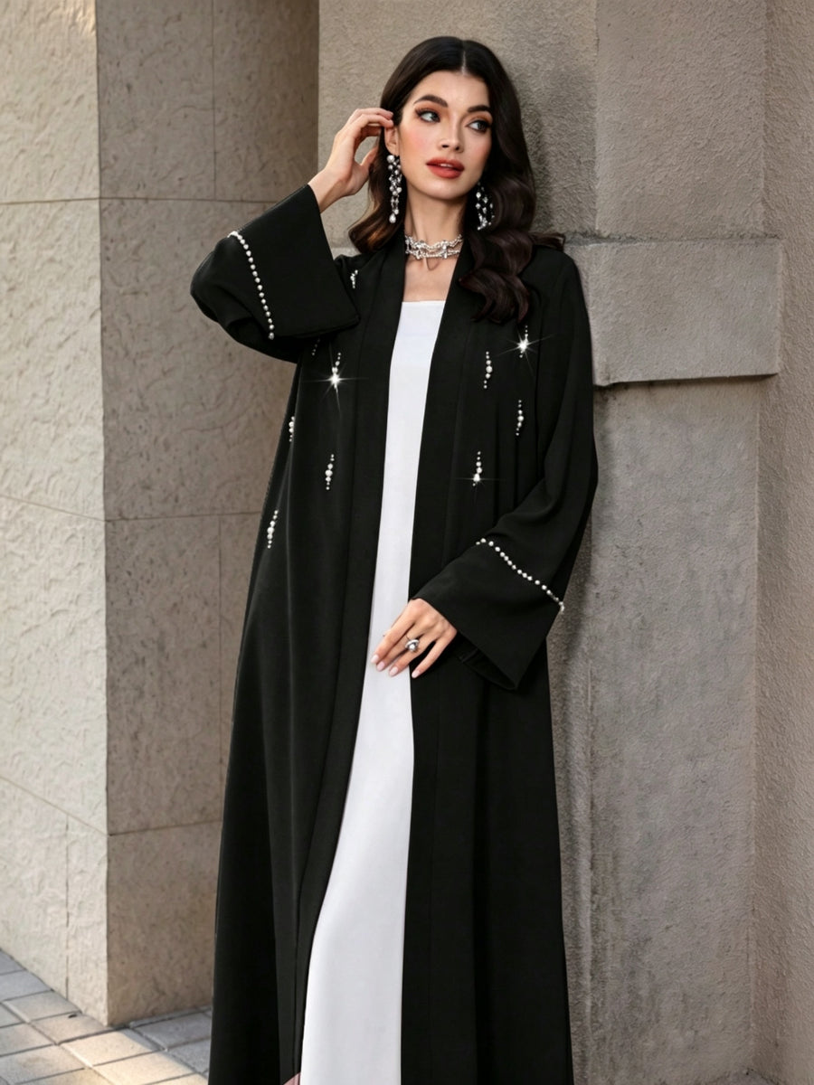 1pc Women Open Front Abaya Cardigan, Elegant Pearl Rhinestone Embellished Long Sleeve Maxi Outerwear, Modest Islamic Dubai Style Abaya Coat for Party Evening - Black