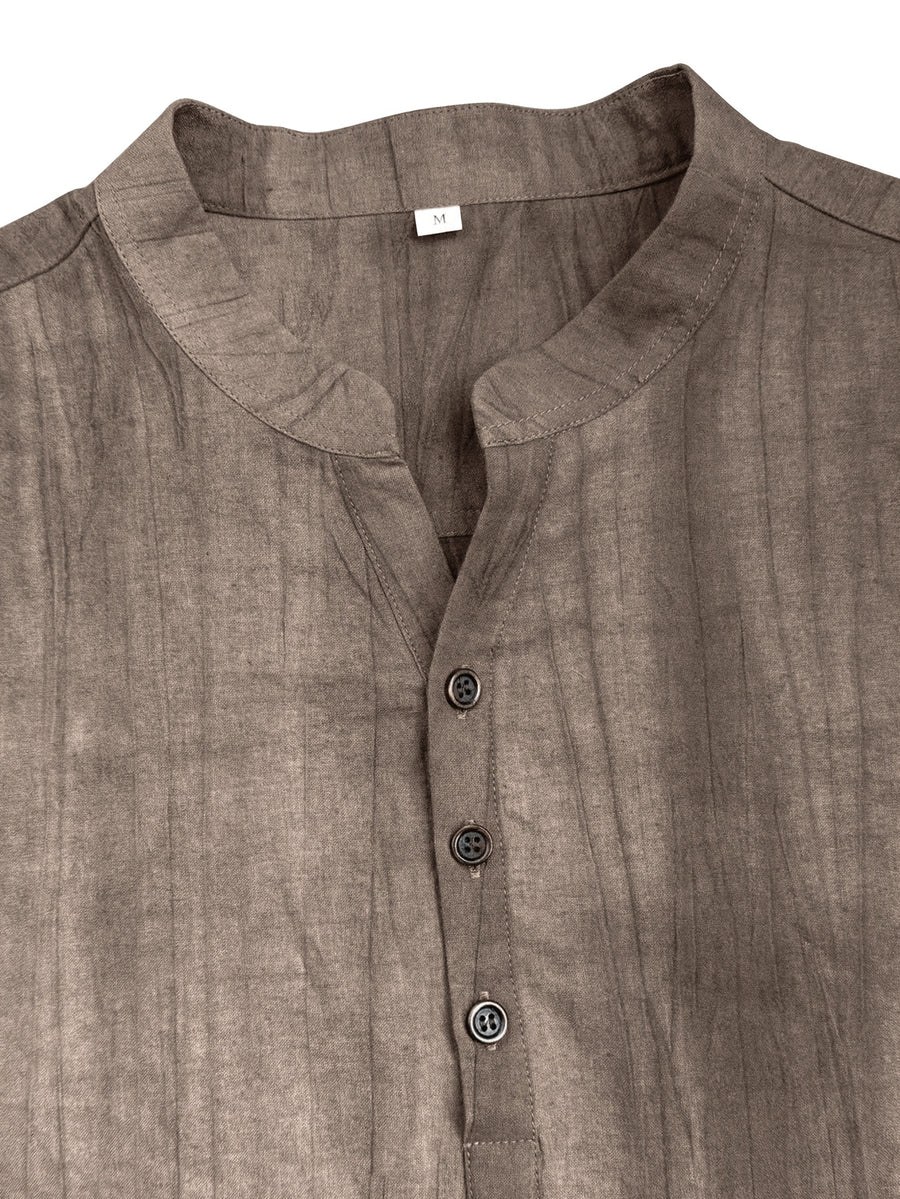 Men'S Summer Casual Henley Shirt, Preppy Style Thin Stand-Up Collar Short Sleeve T-Shirt, Retro Crinkle Ramie Pullover Men'S Top - Brown