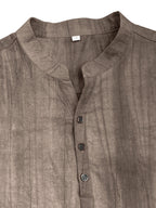 Men'S Summer Casual Henley Shirt, Preppy Style Thin Stand-Up Collar Short Sleeve T-Shirt, Retro Crinkle Ramie Pullover Men'S Top - Brown