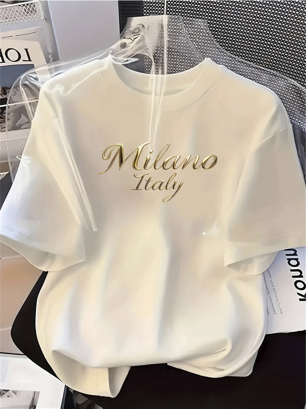 Women'S White Casual T-Shirt, Short Sleeve Crew Neck with Golden Embossed "Milano Italy" Lettering Print, Fabric Comfortable Daily Top in Multiple Sizes Available, Ideal for Everyday Casual Wear And Shopping Outings - White
