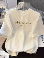 Women'S White Casual T-Shirt, Short Sleeve Crew Neck with Golden Embossed "Milano Italy" Lettering Print, Fabric Comfortable Daily Top in Multiple Sizes Available, Ideal for Everyday Casual Wear And Shopping Outings - White