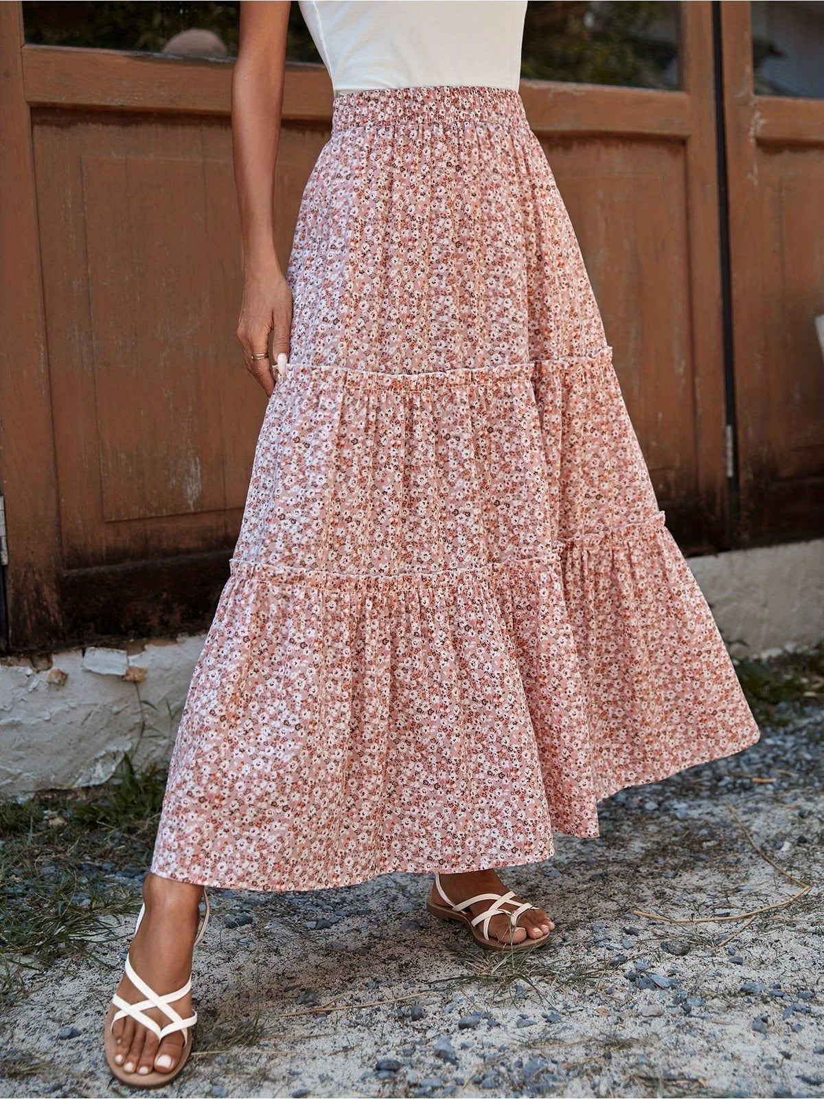 Floral Print Pleated Midi Skirt - Pink