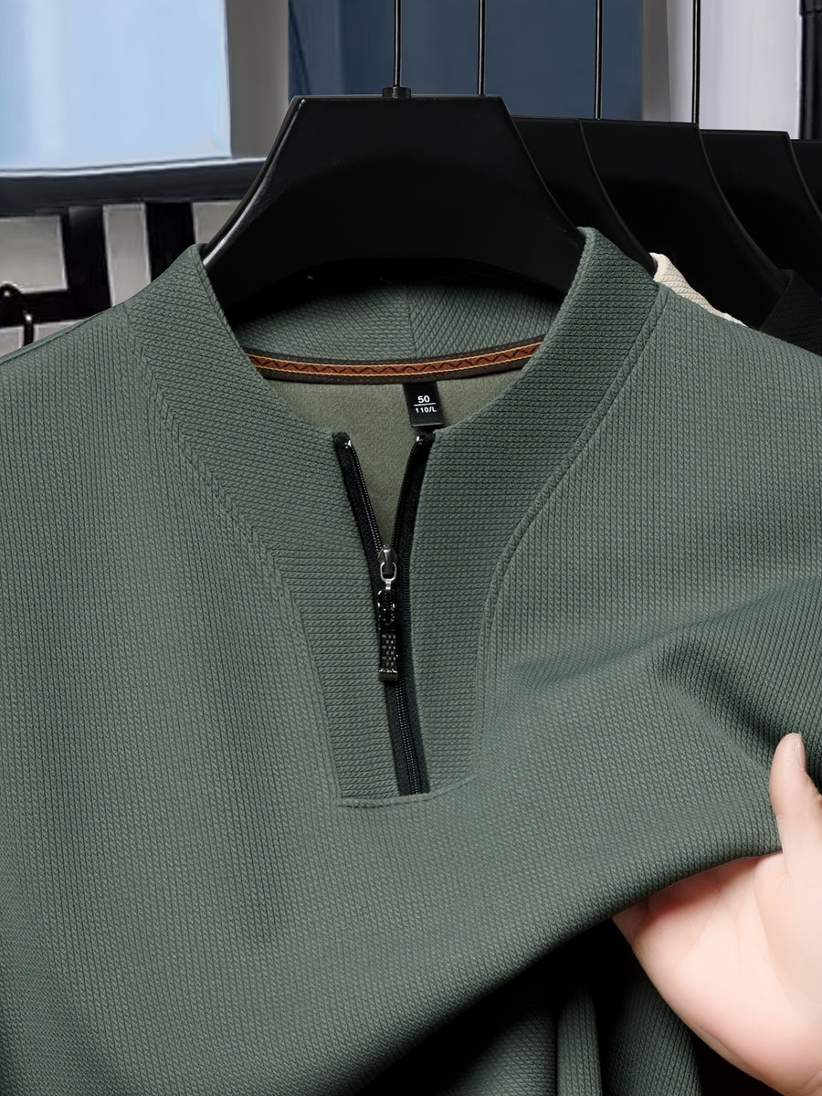 SaXing OBM New Spring/Summer Men's Polo Shirt, Solid Color Textured Ribbed Cable Knit Half-Placket Zipper Style Stand Collar Short Sleeve T-Shirt, Men's Business Casual Fashionable Breathable Versatile Henley Knit Pullover Base Layer Top - Dark Green