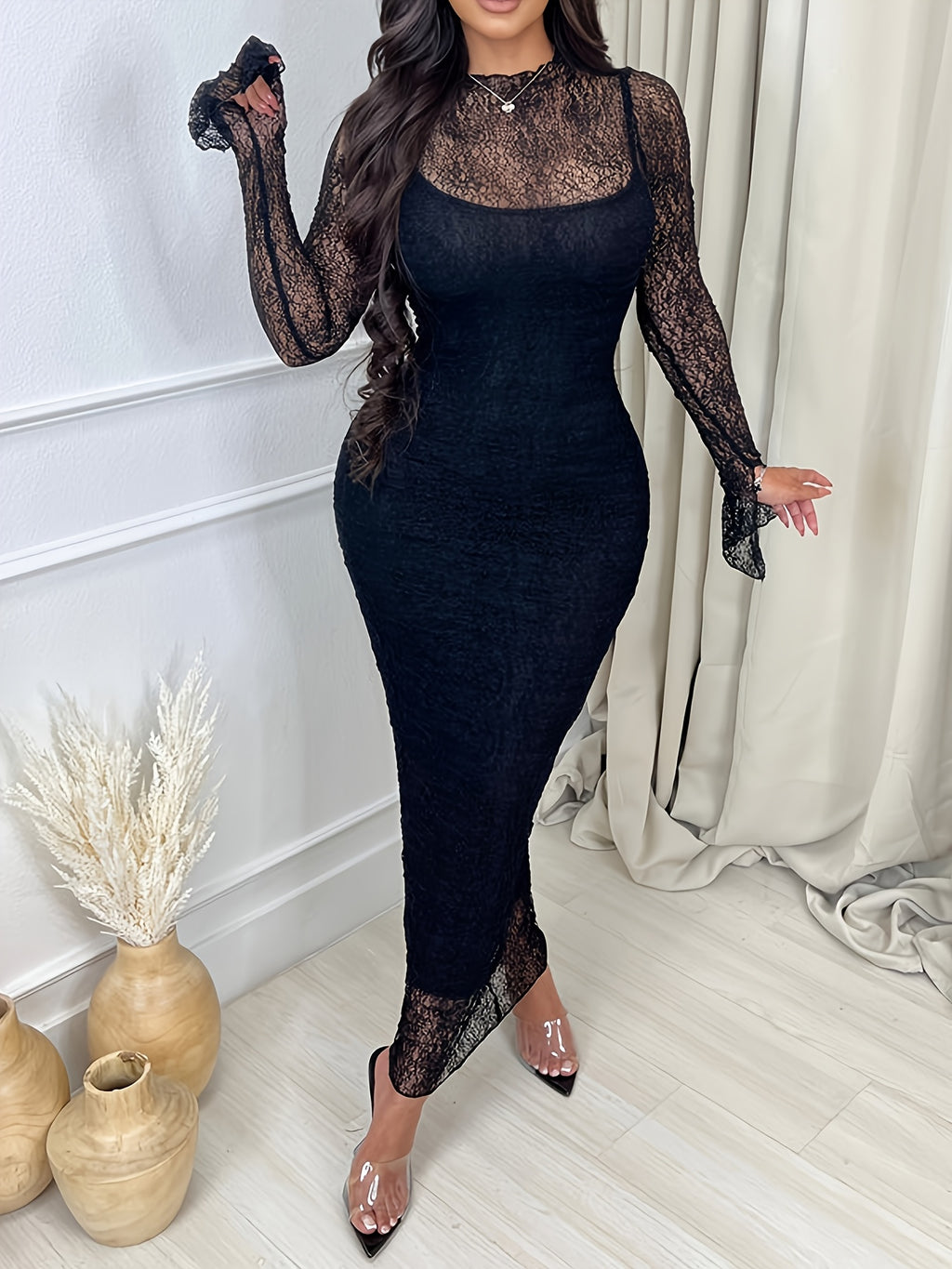2pcs Set Spring Summer Autumn New Arrival European, American, and Middle Eastern Fashion Women's Lace Patchwork High-Stretch Semi-Sheer Cut-Out Long Sleeve Round Neck Slim-Fit Sexy Dress for Banquets, Outings, Dates, and Shopping - Black