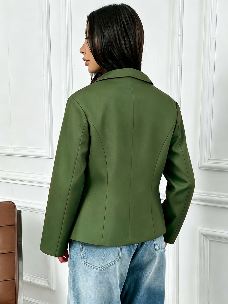 Autumn Winter New European Style Premium Asymmetrical Lapel Diagonal Zipper Short Jacket Solid Color Long Sleeve Top - Green