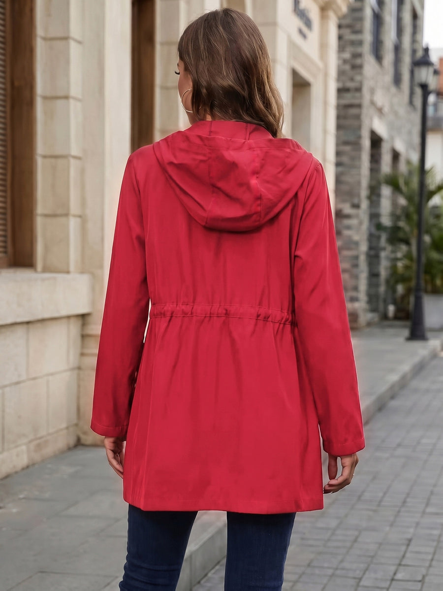 Spring And Autumn Styles. Casual Workwear, Drawstring Waist Belt, Hooded Jacket - Red