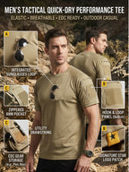 1pc Men'S Round Neck T-Shirt Outdoor Casual Quick-Dry Short Sleeve Top with Pocket And Hook-And-Loop Closure Breathable T-Shirt for Camping Hiking Fishing Running Sports Shirt, Additions Not Included - Khaki