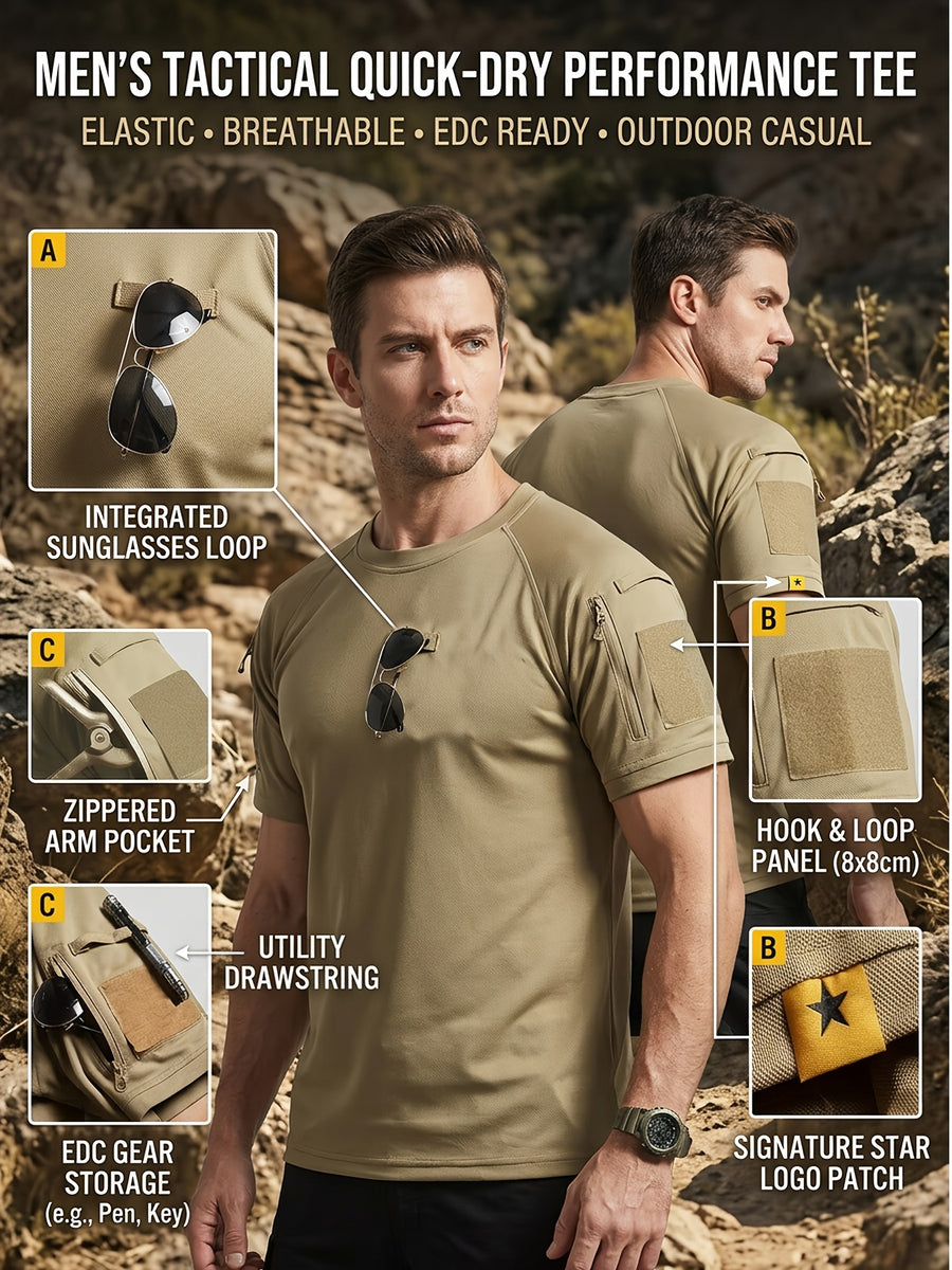 1pc Men'S Round Neck T-Shirt Outdoor Casual Quick-Dry Short Sleeve Top with Pocket And Hook-And-Loop Closure Breathable T-Shirt for Camping Hiking Fishing Running Sports Shirt, Additions Not Included - Khaki