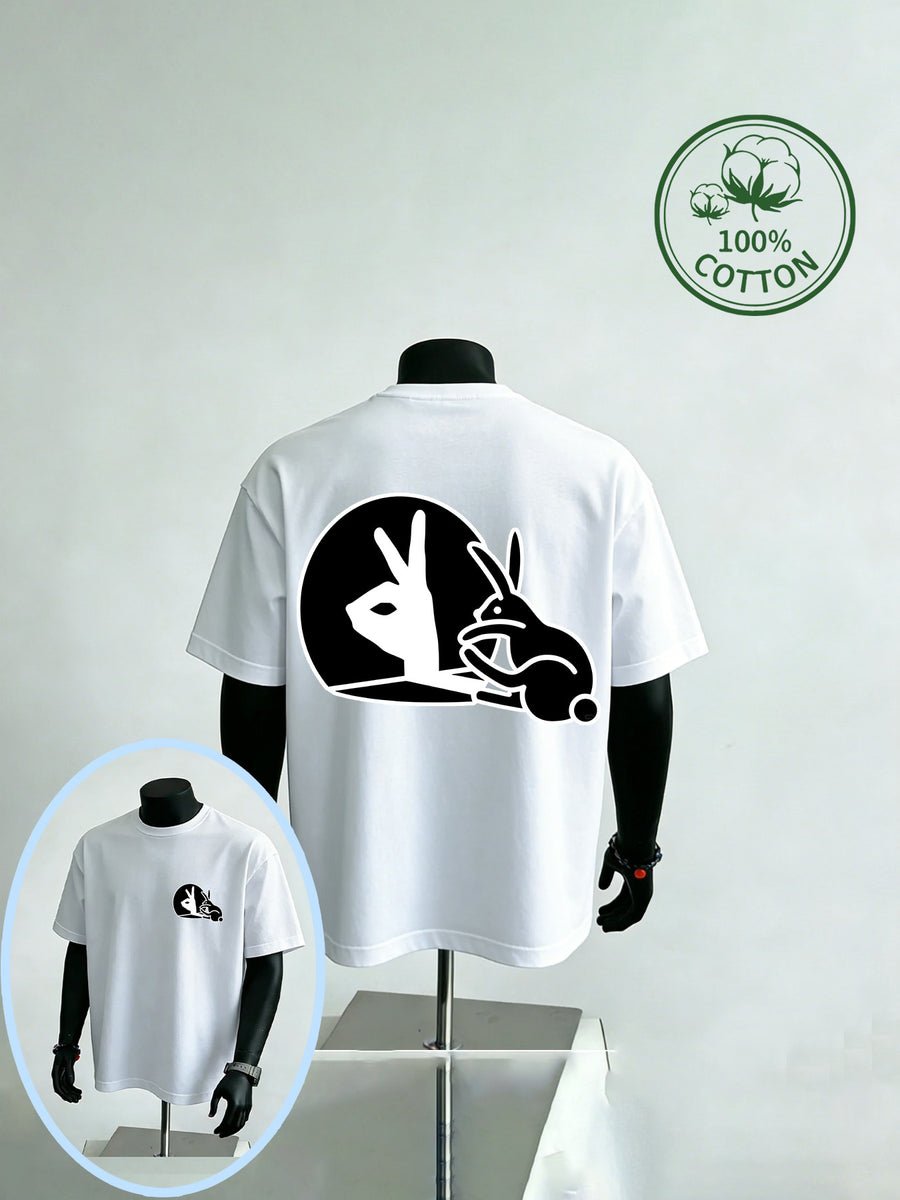 New Summer Style Men's Casual Sportswear with Rabbit Hand Shadow Print, Pure Cotton Short Sleeve, Moisture-Wicking and Sweat-Absorbing, Comfortable for Casual Streetwear and Outdoor Sports & Fitness - White