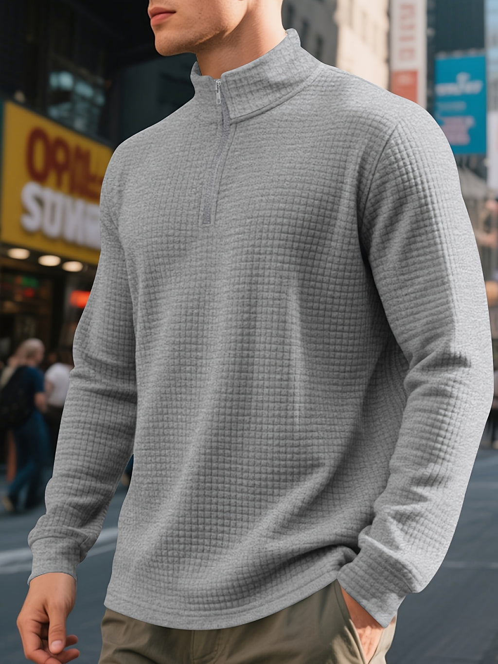 Men'S Four-Season Minimalist Casual Loose Jacquard Stand Collar Half-Zip Base Sweatshirt - Light Grey