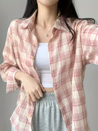 Women's Casual Plaid Shirt - Korean-Inspired Oversized Long Sleeve Button-Up with Checkered Pattern, Lightweight Breathable Fabric for Spring/Summer, Machine Washable Loose Fit Blouse, Summer Outfit, Soft Texture, Buttondown Top, Adults - Pink Color