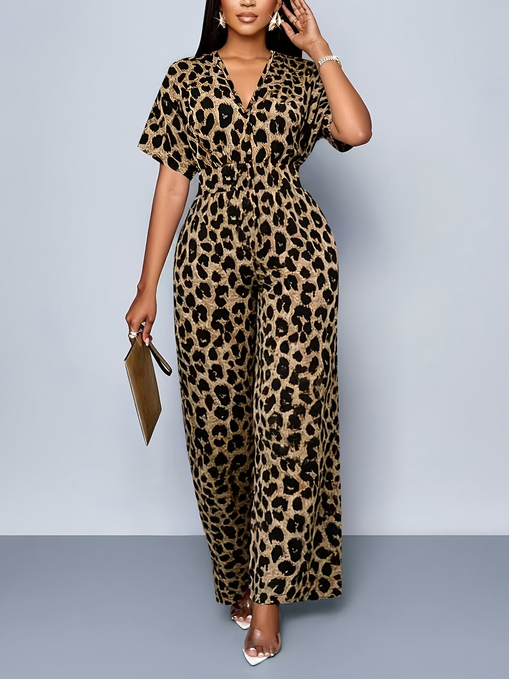 Print Batwing Sleeve Random Print Jumpsuit - Leopard Print