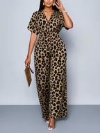 Print Batwing Sleeve Random Print Jumpsuit - Leopard Print