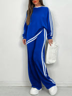Plus Size Women'S Side Stripe Long Sleeve Long Pants Set, Ins Fashion Cool Home Two-Piece - Blue