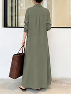 In Stock European And American New Solid Color Lapel Long Sleeve Pocket Easy Loose Casual Long Dress 1pc - Olive Green