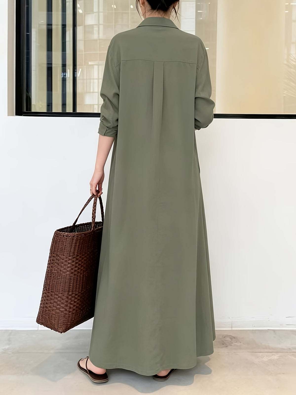 In Stock European And American New Solid Color Lapel Long Sleeve Pocket Easy Loose Casual Long Dress 1pc - Olive Green