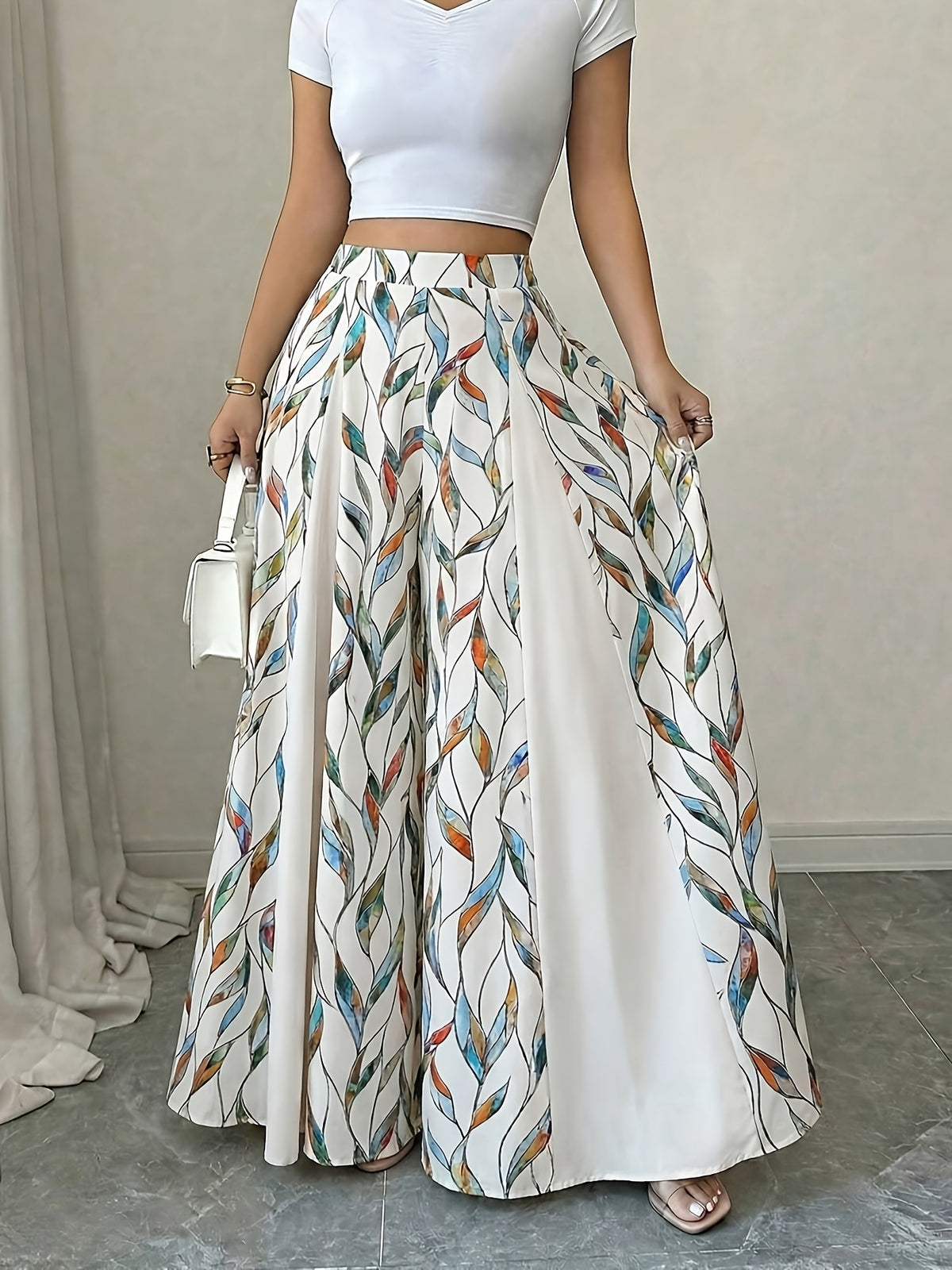 Vacation Style Colorful Print Wide-Leg Pants, High-Waisted Draped Large-Hem Pants, And Tummy-Concealing Women'S Long Pants - White