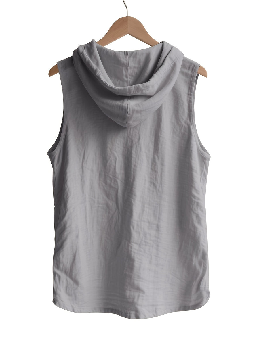 Pearson OBM Men's Sleeveless Hooded Shirt, Upgraded Textured Comfortable and Breathable Fabric Hooded Vest, Men's Linen Fashion Hoodie, Summer Top Casual and Lightweight with Button and Drawstring, Suitable for Outdoor Activities, Beach, and Coast - Grey