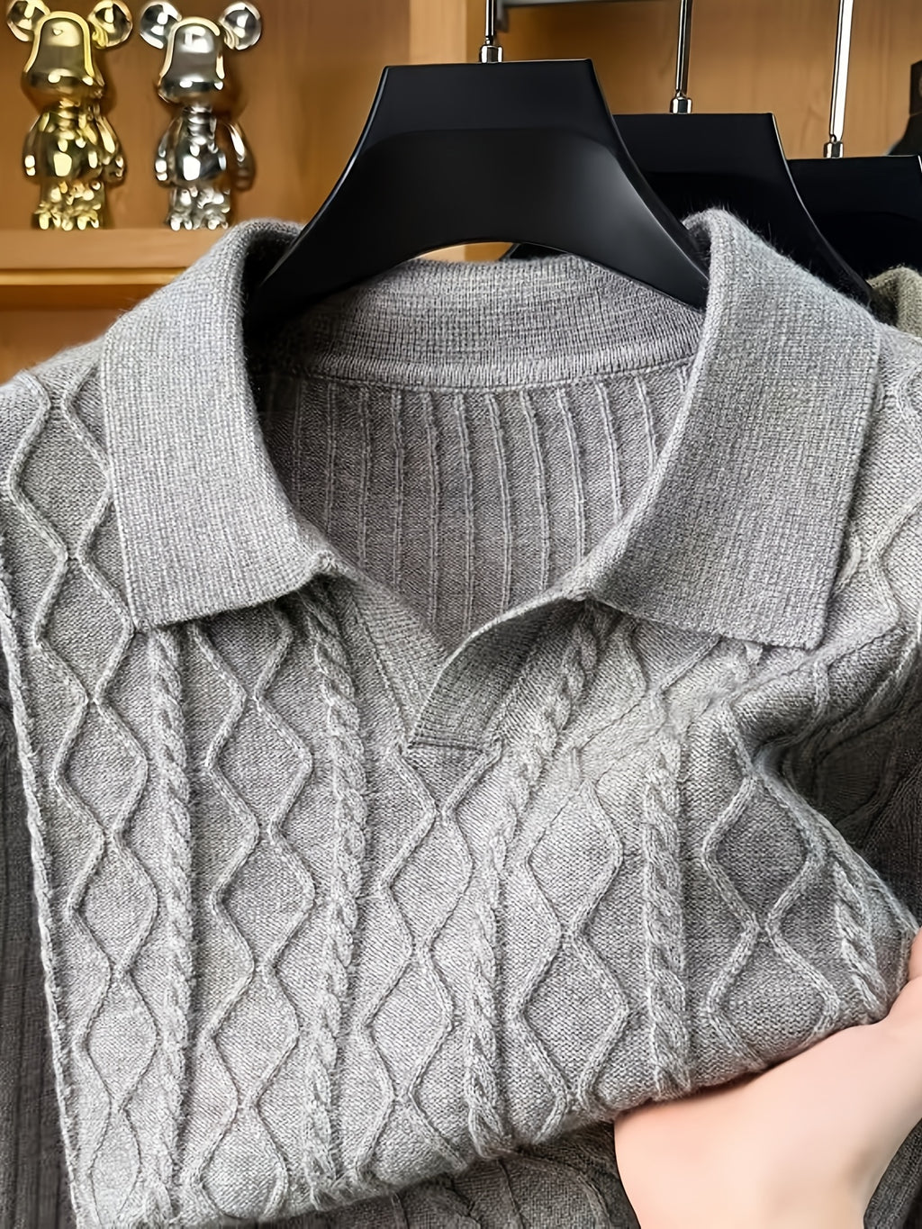 Men's Autumn/Winter Lapel Sweater Vintage Long-Sleeve Pullover Base Layer - Light Grey