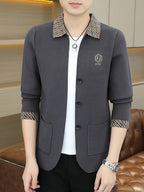 [Whale-Crossing Lan OB 1pc Autumn Winter New Men'S Knit Cardigan, Old Money Style Contrast Lapel Pocket Button-Front Cardigan Men'S Business Casual Fashion Button-Front Knit Top, Collar Design with Letter Embroidery Suitable for Spring, Autumn - Deep Gray