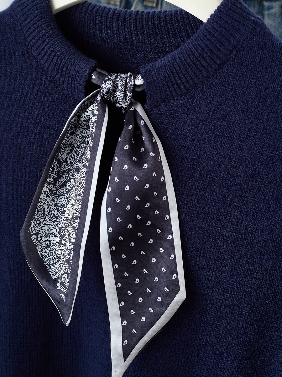 Gray Short-Sleeve Sweater with Scarf Bow Tie Collar - Round Neck Blouse-Compatible Suitable for Layering or Outerwear, Medium Stretch - Sweater for Commuting, Office & Casual Wear, Hand Washable Solid Color - Navy Color