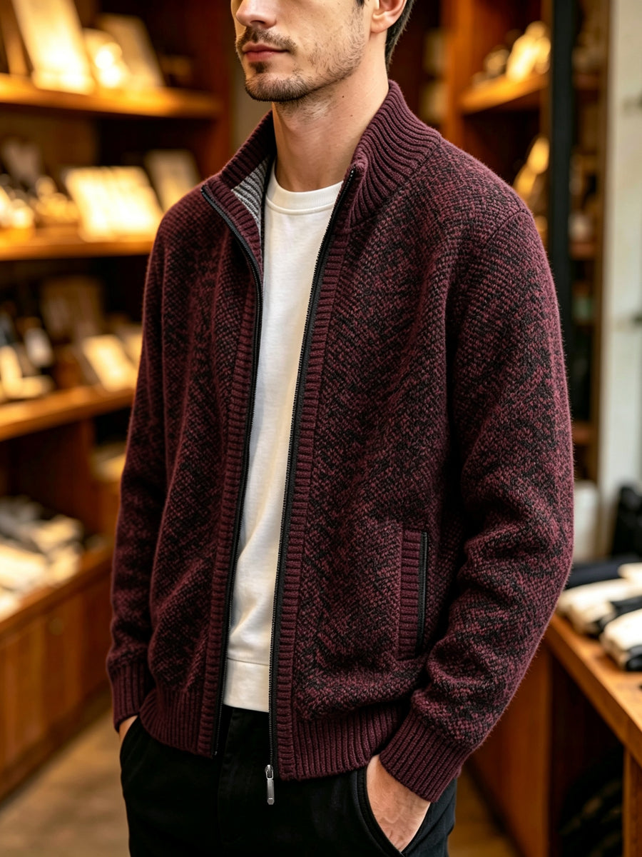 A Single Men's Thick Knitted Sweater Jacket, Made of Soft and Plush Fabric to Keep Warm and Comfortable, Easy to Match for Daily Commuting and Leisure. (Includes Only One Jacket) - Burgundy