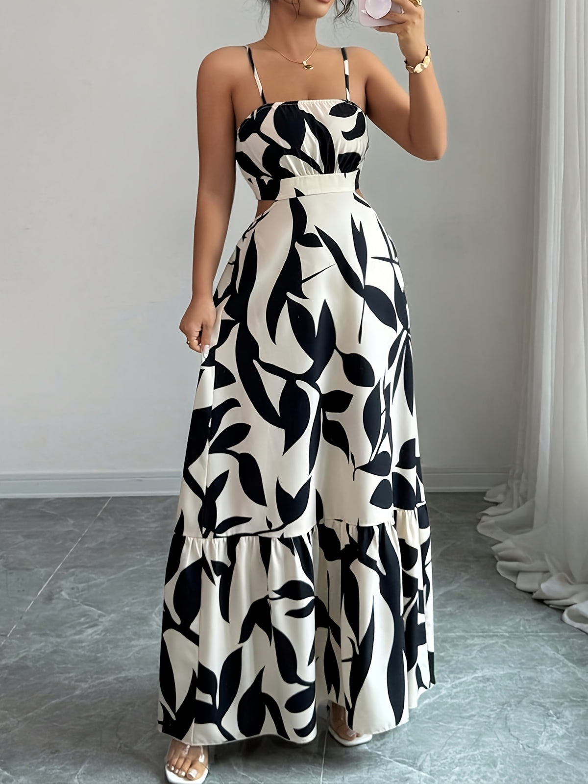 Elegant Women's Printed Cinched Waist Maxi Dress, Summer Long Backless Dress with Bow Tie Straps, for Vacation, Daily Wear, Parties, Flowy Dress - Mixed colors
